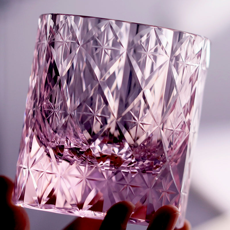 JP-129 Oceans Of Stars K9 Crystal Glass Whiskey Tumbler Edo Kiriko Rock Glass Hand Cutting Pink Crystal Glass Cocktail Tumblers 7 oz