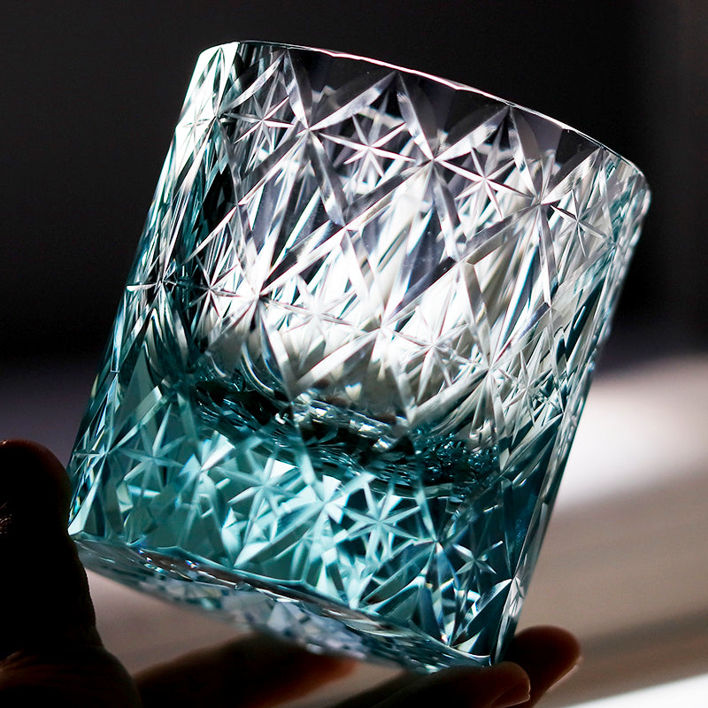 JP-129 Blue Green Oceans Of Stars K9 Crystal Glass Whiskey Tumbler Edo Kiriko Rock Glass Hand Cutting Blue Green Crystal Glass Cocktail Tumblers 200ml