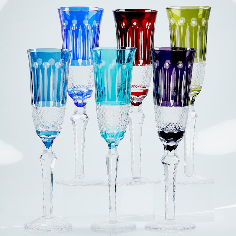 JP-098 Creative Vintage Hand Cut To Clear Smokey Blue Tinted Crystal Glass Champagne Flutes 5 oz
