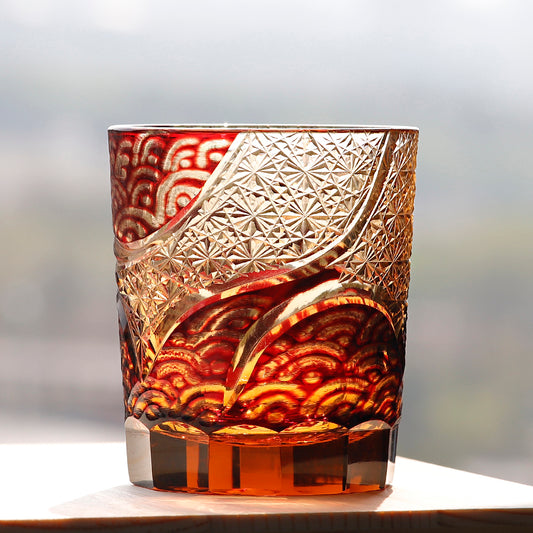 JP-041 250 ml Hand blown Ruby Red and Amber Color Tinted Glass Whiskey Tumbler With Hand Engraved Moon and Waves Design