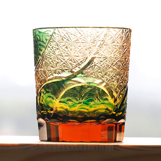 JP-041 250 ml Hand blown Green and Amber Color Tinted Glass Whiskey Tumbler With Hand Engraved Moon and Waves Design
