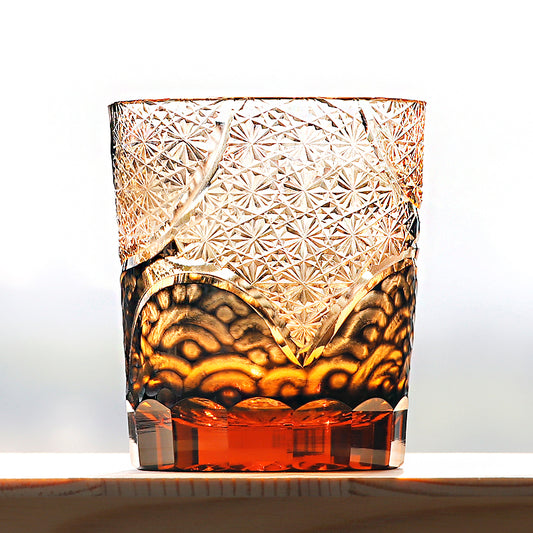 JP-041 250 ml Hand blown Black and Amber Color Tinted Glass Whiskey Tumbler With Hand Engraved Moon and Waves Design