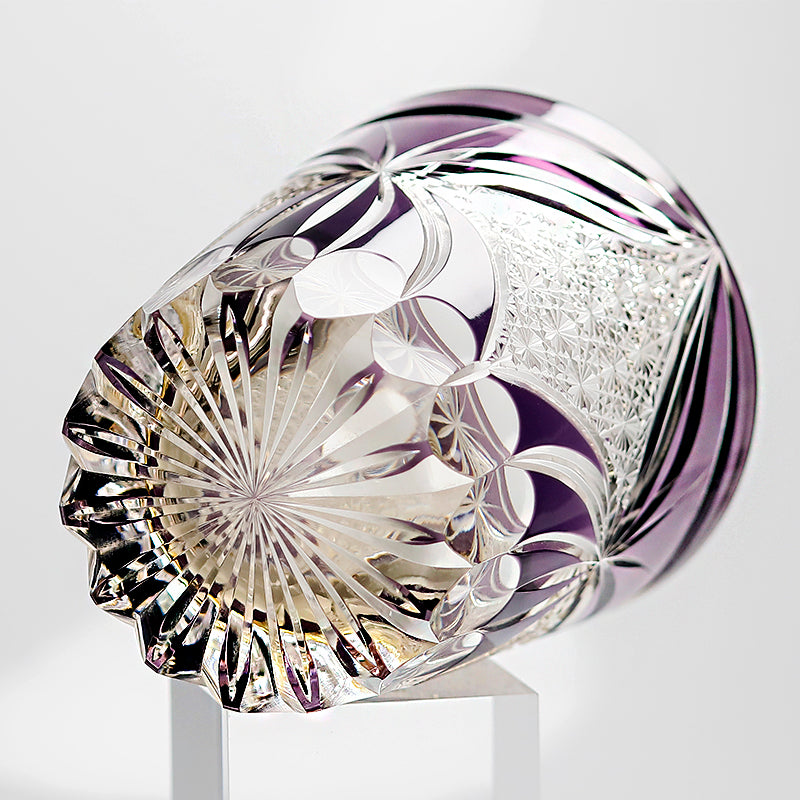 JP-132-1 Large 11 oz Janpanese Style Purple Old Fashioned Glass Whiskey Tumbler Edo Kiriko's Butterfly Chrysanthemum Mesh