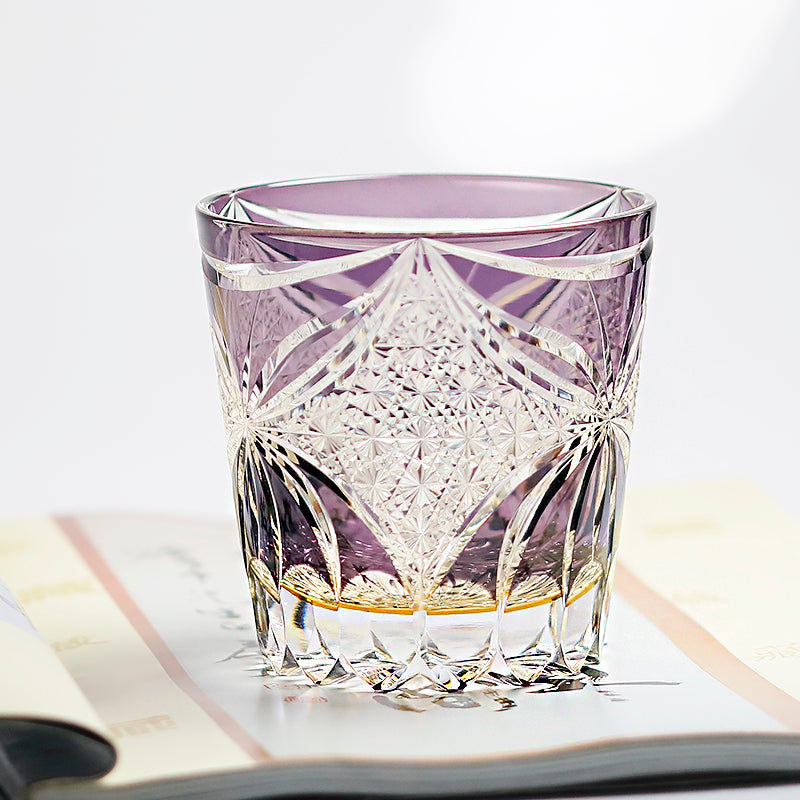JP-132-1 Large 11 oz Janpanese Style Purple Old Fashioned Glass Whiskey Tumbler Edo Kiriko's Butterfly Chrysanthemum Mesh