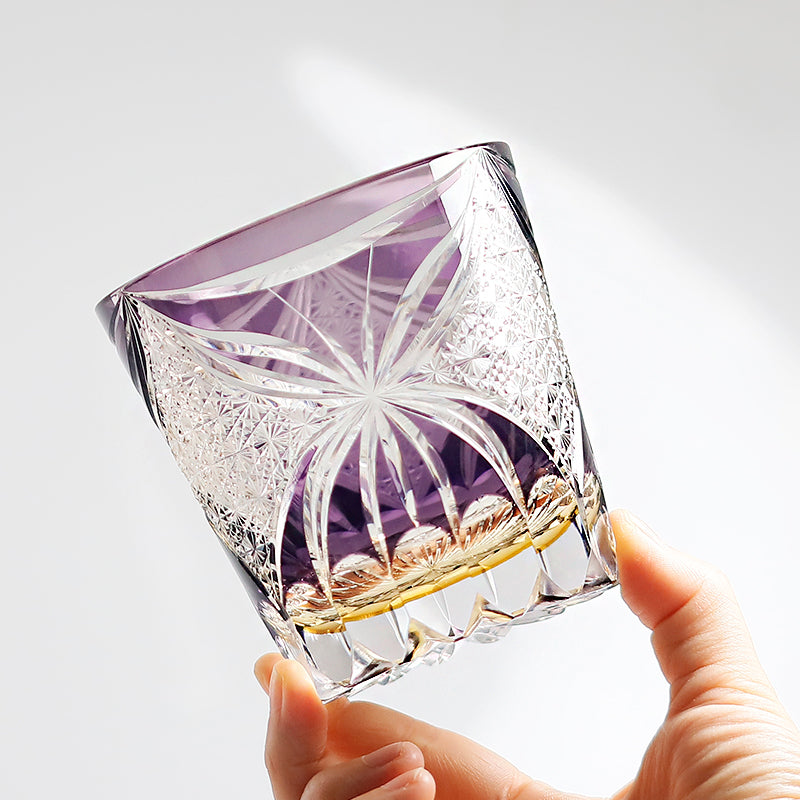 JP-132-1 Large 11 oz Janpanese Style Purple Old Fashioned Glass Whiskey Tumbler Edo Kiriko's Butterfly Chrysanthemum Mesh