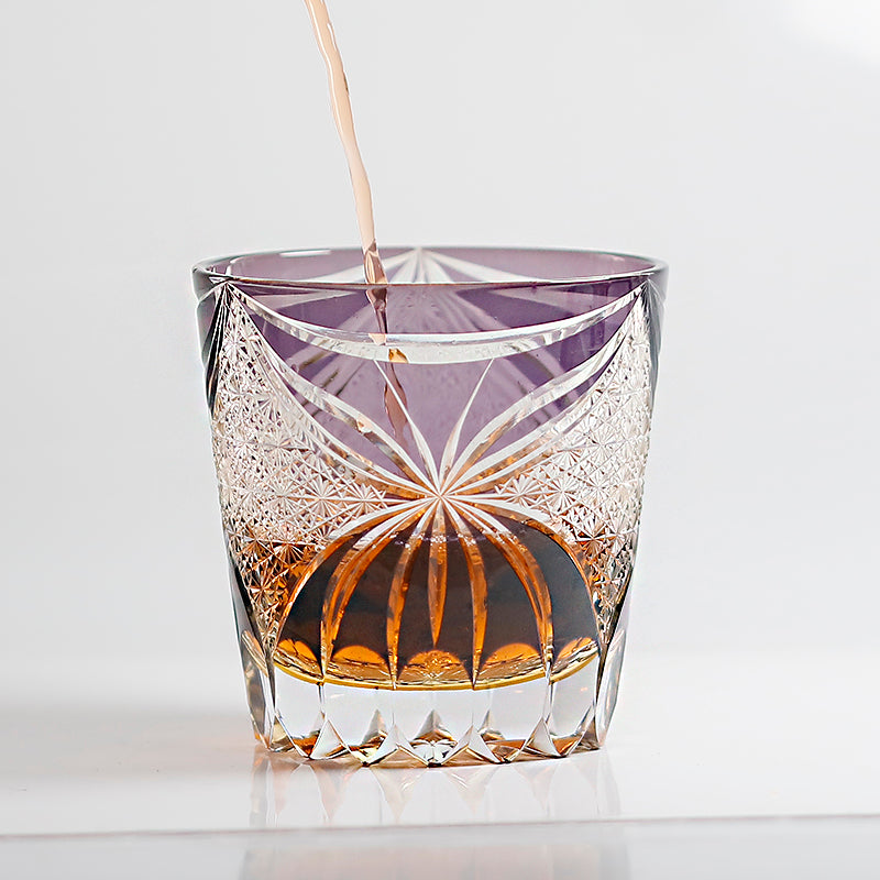 JP-132-1 Large 11 oz Janpanese Style Purple Old Fashioned Glass Whiskey Tumbler Edo Kiriko's Butterfly Chrysanthemum Mesh