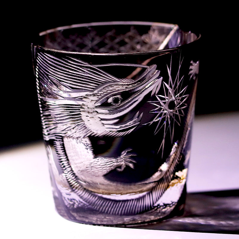JP-134-2 Handcrafts 320mlBlackish Tinted Old Fashioned Glasses Edo Kiriko's Engraved Dragon Whiskey Glass In Gift Box