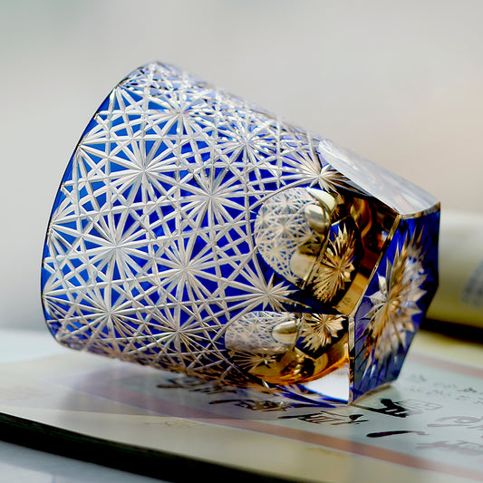 JP-048-3 320ml Dark Blue Overlaid Crystal Glass Whiskey Tumblers with Hand Engraved Chrysanthemum Design