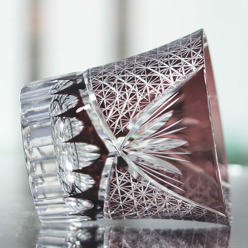 JP-017 220ml Flared Shaped Purple Color Cased Glass Whiskey Tumblers Edo Kiriko Bamboo leaves Rock glass