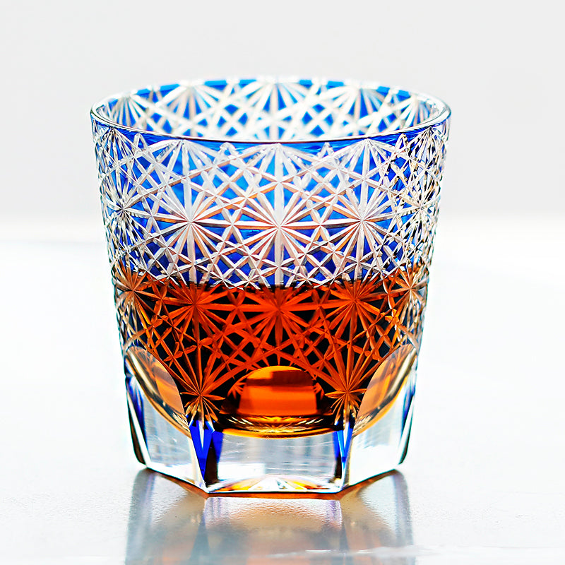 JP-048-3 320ml Dark Blue Overlaid Crystal Glass Whiskey Tumblers with Hand Engraved Chrysanthemum Design