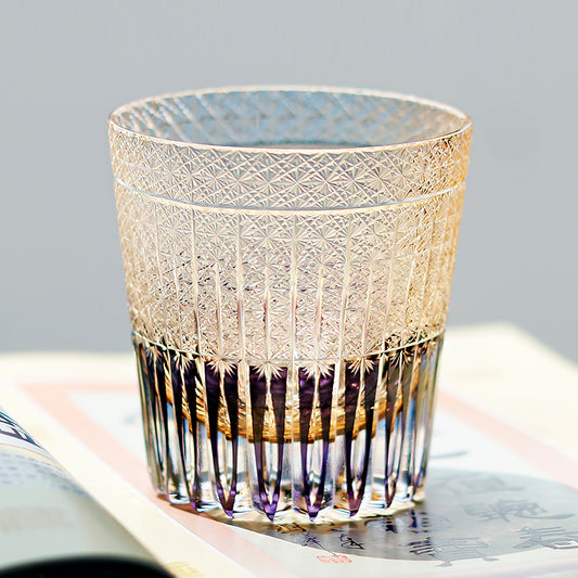 JP-130-3 Handmade Purple Crystal Whiskey Glass Tumbler Japanese Edo Kiriko Kaleidoscopic Old Fashioned Glass Large With Gift Box