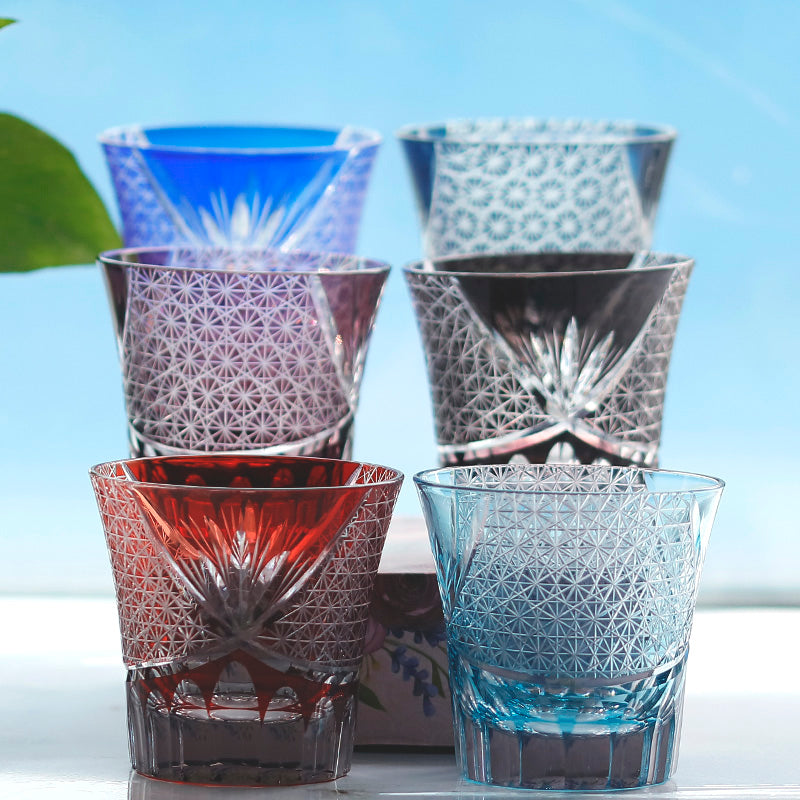 JP-017 220ml Hand Blown Black Edo Kiriko Cocktail Whiskey Glass Tumblers Flared Shaped and Hand Cut Bamboo leaves Design