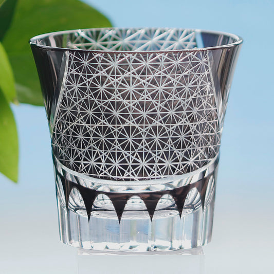 JP-017 220ml Hand Blown Black Edo Kiriko Cocktail Whiskey Glass Tumblers Flared Shaped and Hand Cut Bamboo leaves Design