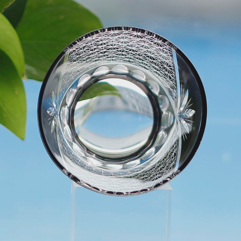JP-017 220ml Hand Blown Black Edo Kiriko Cocktail Whiskey Glass Tumblers Flared Shaped and Hand Cut Bamboo leaves Design