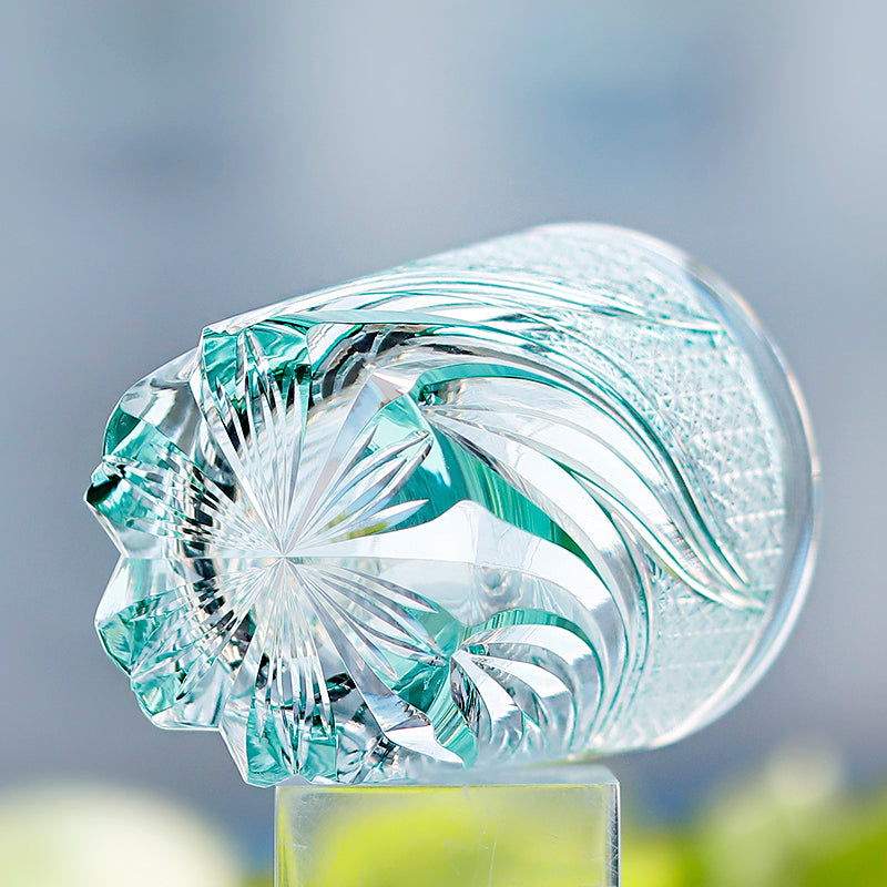 Luxury Edo Kiriko Glass Tumbler Hand Cut To Clear Blue Green 9oz