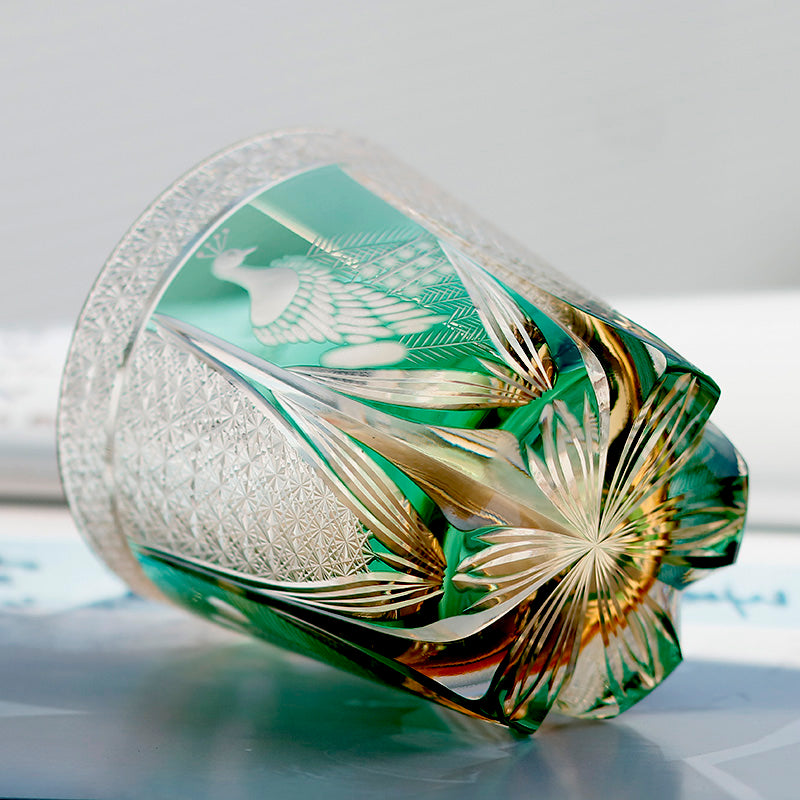 JP-108 Japanese Style Edo Kiriko Handcrafted Green Peacock Whisky Glass With Gitt Box