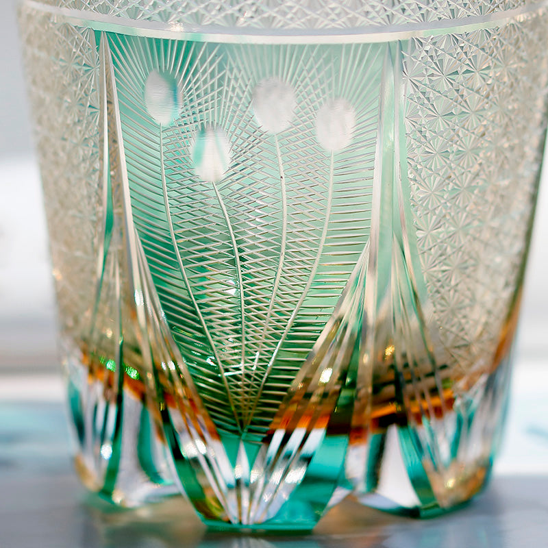 JP-108 Japanese Style Edo Kiriko Handcrafted Green Peacock Whisky Glass With Gitt Box