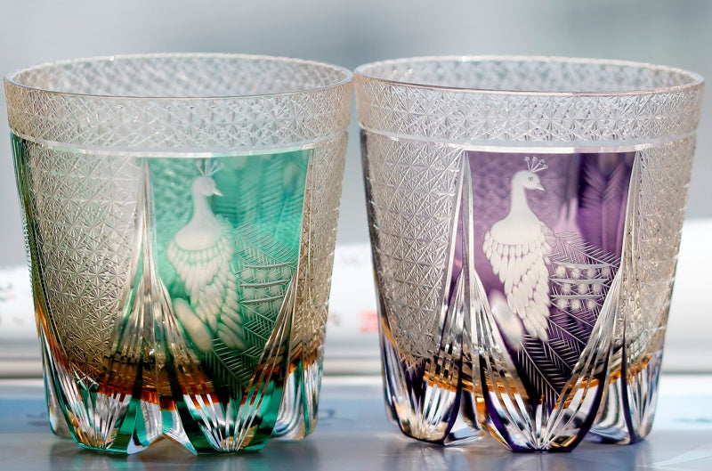 JP-108 Japanese Style Edo Kiriko Handcrafted Green Peacock Whisky Glass With Gitt Box