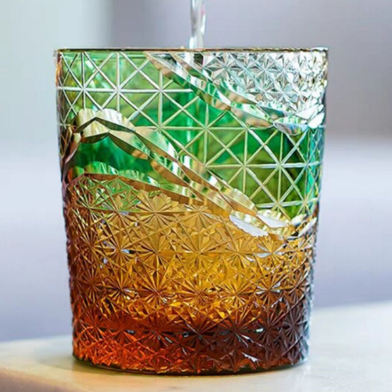 JP-038 250 ml Japanesque Style Green and Amber Color Cased Glass Whiskey Tumblers with Hand Engraved Mountain Chrysanthemum Pattern
