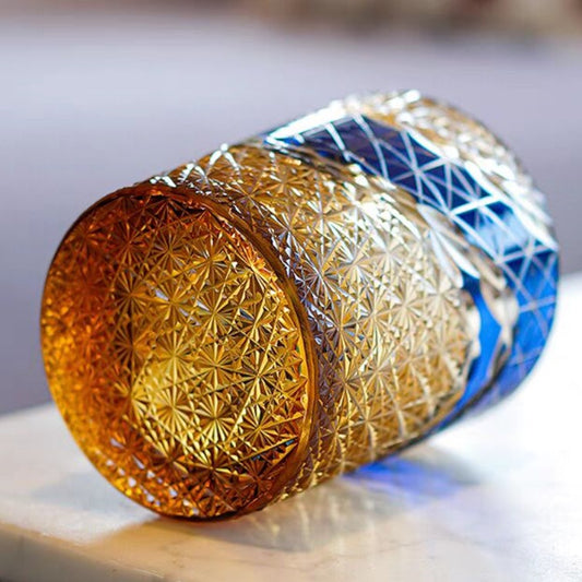 JP-038 250 ml Japanesque Style Blue and Amber Color Cased Glass Whiskey Tumblers with Hand Engraved Mountain Chrysanthemum Pattern