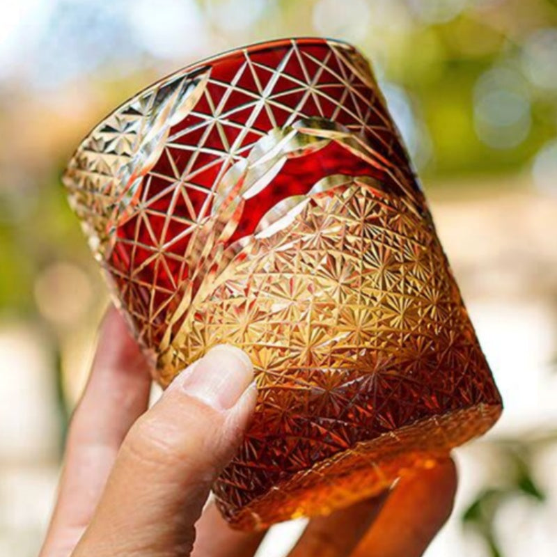 JP-038 250 ml Japanesque Style Ruby Red and Amber Color Cased Glass Whiskey Tumblers with Hand Engraved Mountain Chrysanthemum Pattern