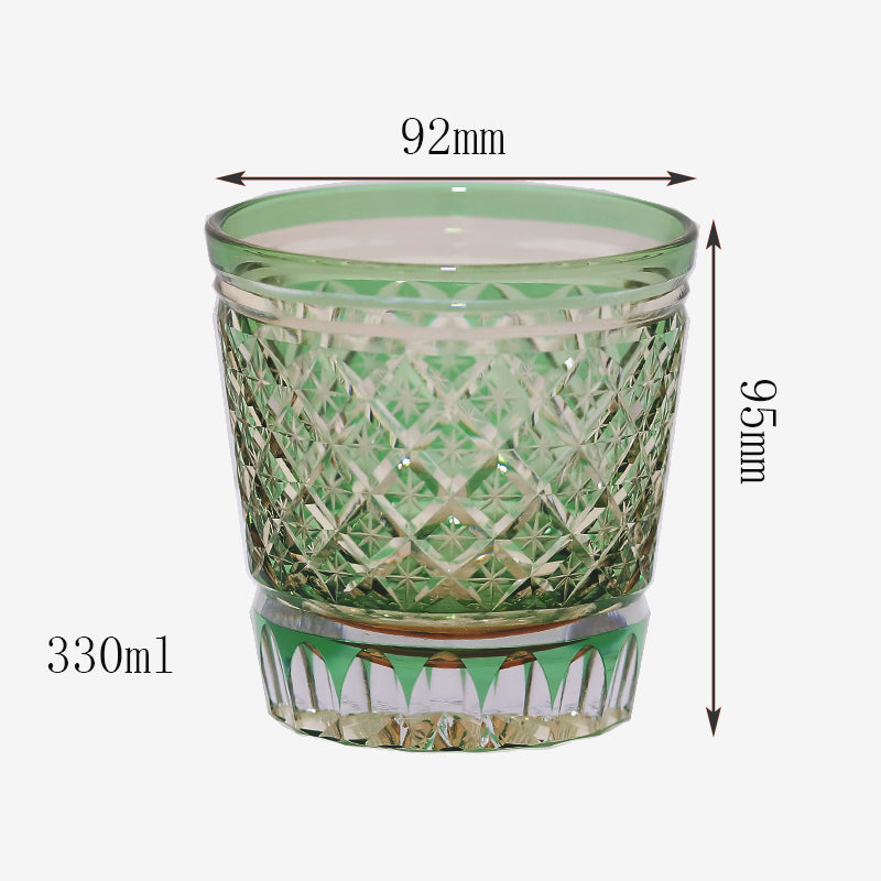 JP-010 330ml Handcrafts Green Overlay Crystal Glass Whiskey Tumbler with Edo Kiriko Carved Stars Design
