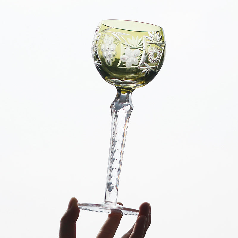 JP-099 8.5oz Handmade Bohemia Wine Glass Goblet Chartreuse With Hand Engraved Grapes Deisgn