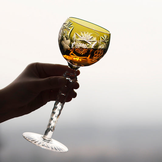 JP-099 8.5oz Handmade Bohemia Wine Glass Goblet Chartreuse With Hand Engraved Grapes Deisgn