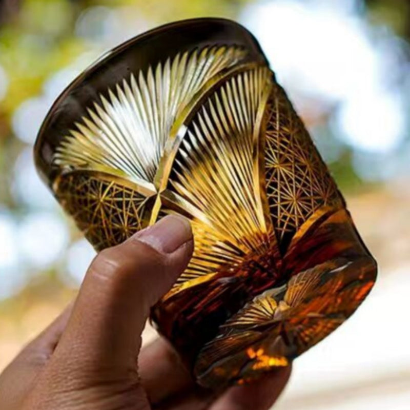 JP-030 250 ml Black and Amber Tinted Glass Whiskey Cup With Hand Cut Classic Chrysanthemum And Fans 2 different Design