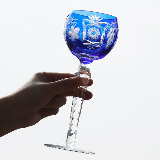 JP-099 240ml Dark Blue Crystal Wine Glass With Hand Cutting Sunflower and Grapes Design