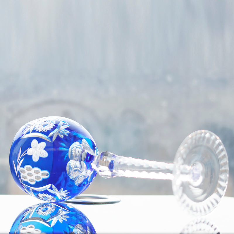 JP-099 240ml Dark Blue Crystal Wine Glass With Hand Cutting Sunflower and Grapes Design
