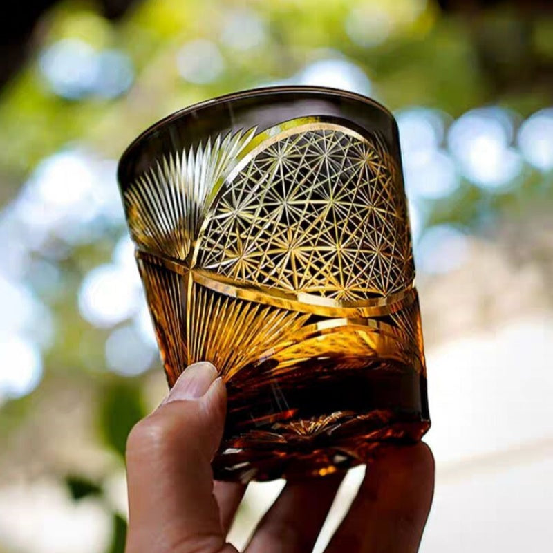 JP-030 250 ml Black and Amber Tinted Glass Whiskey Cup With Hand Cut Classic Chrysanthemum And Fans 2 different Design