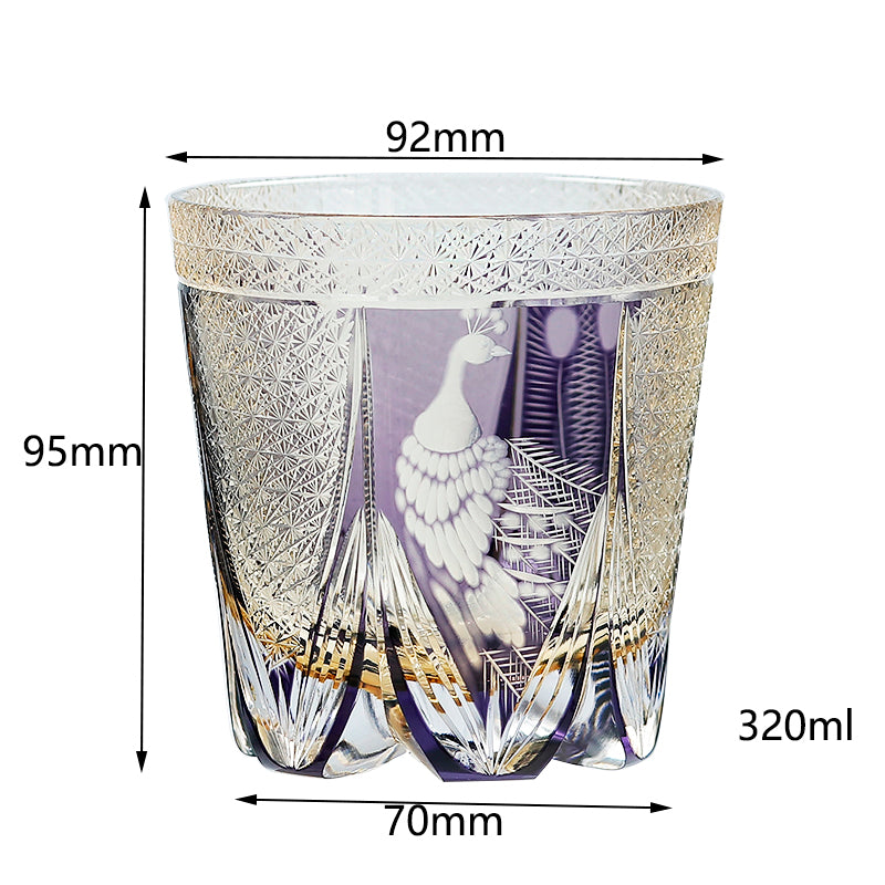JP-108 320ml Handcrafts Japanese Style Purple Whiskey Glass Edo Kiriko‘s Peacock And Chrysanthemum Mesh Design
