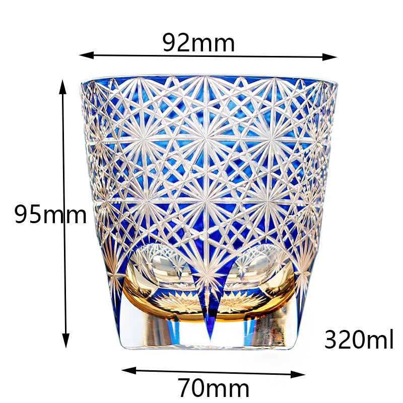 JP-048-3 320ml Dark Blue Overlaid Crystal Glass Whiskey Tumblers with Hand Engraved Chrysanthemum Design