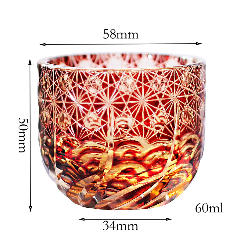 JP-040 60 ML Luxury Edo Kiriko Red Amber Sake Glass Cup,Chilled Sake Glass Hand Cut Beaded Dazzling and Roaring Waves Design