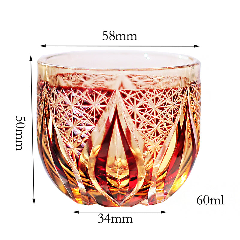 JP-020 60 ML Handcrafts Edo Kiriko's Red Amber Chilled Sake Glass Cup Small Drinking Glass Hand Carved Candle Flame Design