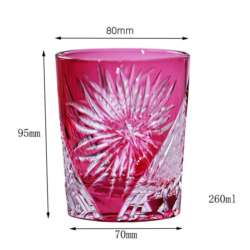 Close-up of JP-156 Handcrafts Japanese Style Edo Kiriko Whiskey Glasses Gold Pink Edo Chrysanthemum Pattern - JINZHI GLASS crystal glassware