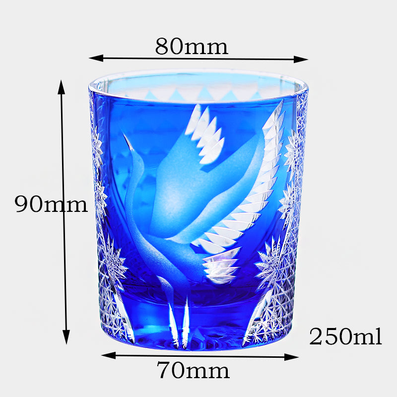 JP-043 250 ml Handcrafts Edo Kiriko Crane Whiskey Glasses Blue In Gift Box