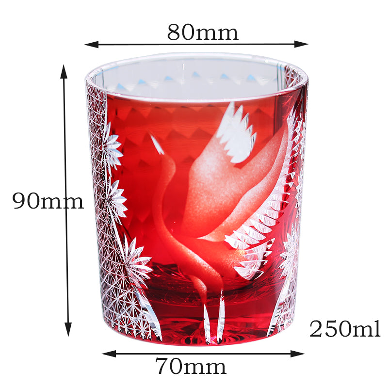 JP-043 250 ml Handcrafts Edo Kiriko Crane Whiskey Glasses Ruby Red In Gift Box