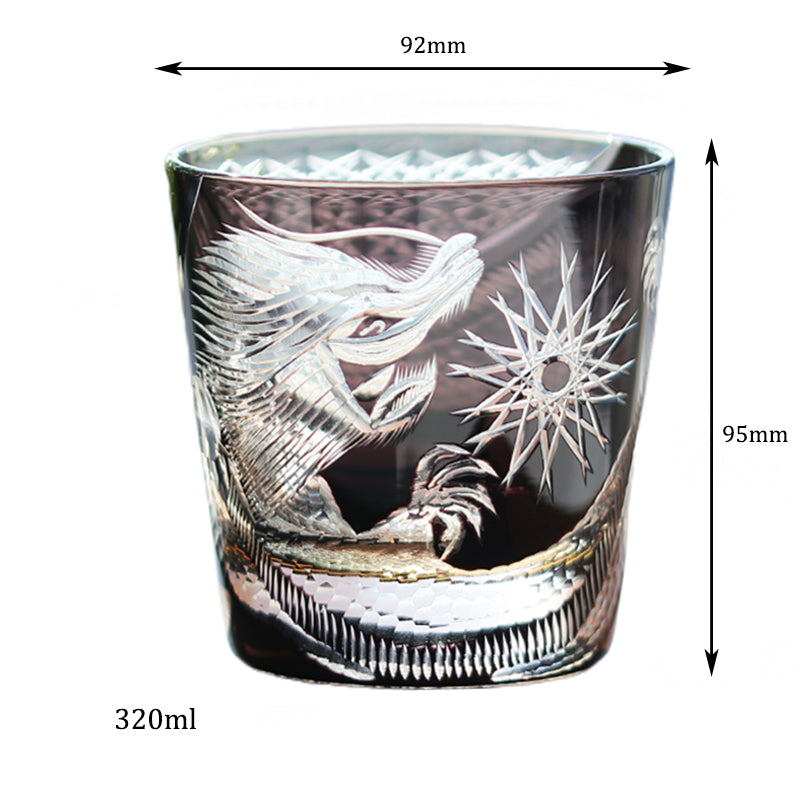 JP-134-2 Handcrafts 320mlBlackish Tinted Old Fashioned Glasses Edo Kiriko's Engraved Dragon Whiskey Glass In Gift Box