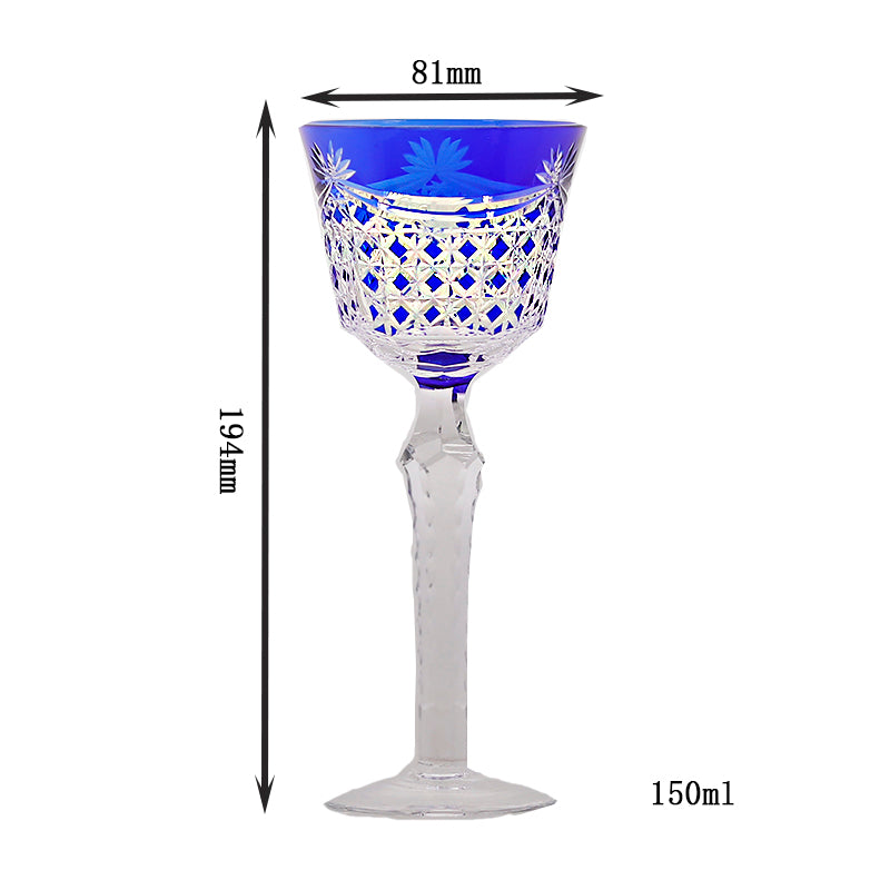 JP-100 Czech Hand Cut To Clear Blue Wine Glass Goblet Dark Blue Hock Glasses