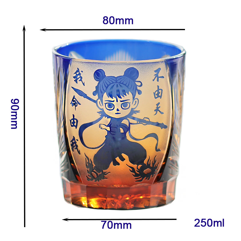 JP-024 Edo Kiriko's Handcrafts Chinese NeZha Whiskey Glass Blue and Amber In Gift Box