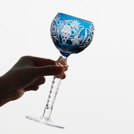 JP-099 Handmade Classic Antique Carved Sunflower Wine Glass Smokey Blue Hock Glass Goblet 240ml