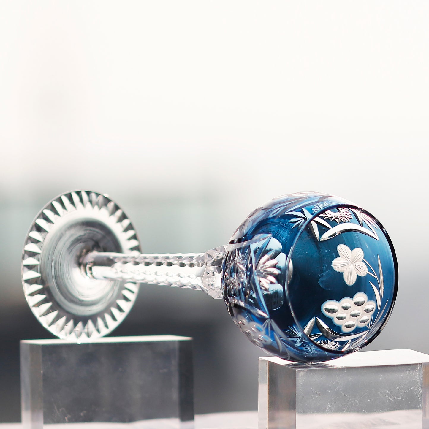 JP-099 Handmade Classic Antique Carved Sunflower Wine Glass Smokey Blue Hock Glass Goblet 240ml
