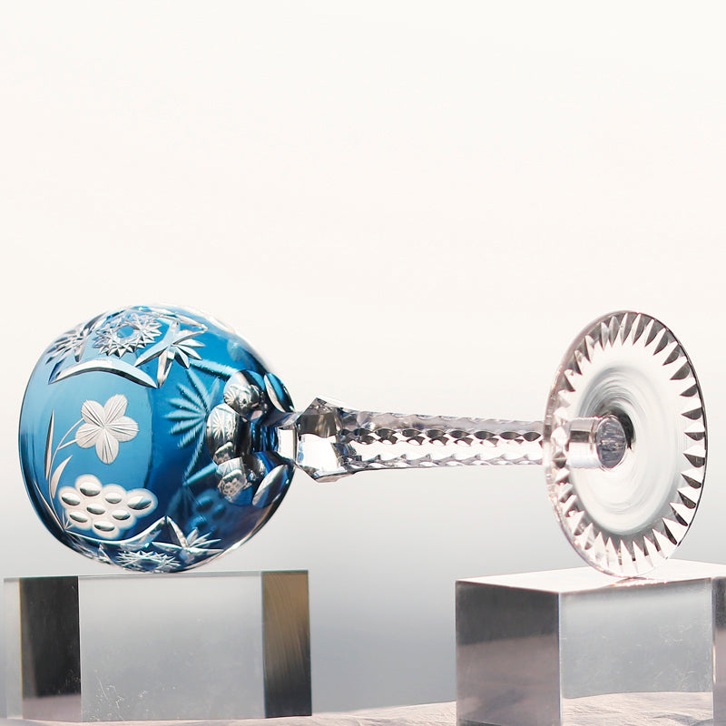 JP-099 Handmade Classic Antique Carved Sunflower Wine Glass Smokey Blue Hock Glass Goblet 240ml