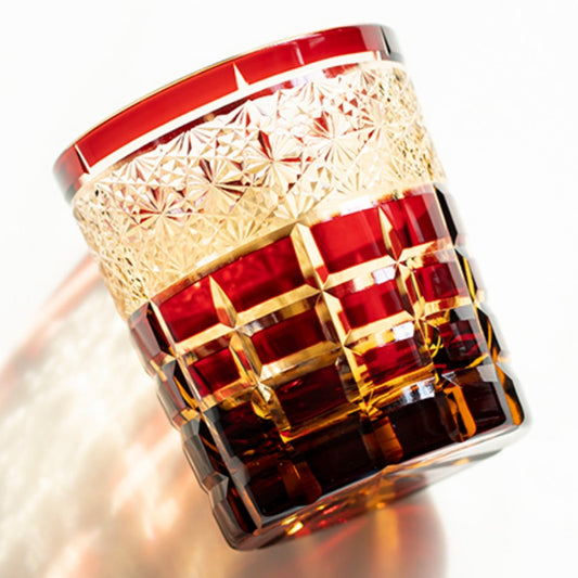 JP-021 8.5 oz Japanese Style Edo Kiriko Ruby Red Whiskey Tumbler With Hand Cut Checked Chrysanthemum Pattern