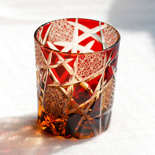 JP-042 240 ml Japannish Edo Kiriko Ruby Red Amber Tinted Glass Whiskey Tumbler With Classic Hand Cut Lightning Streaks Pattern