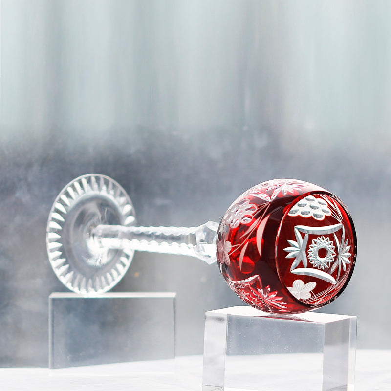 JP-099 240ml Handblown Ruby Red And Hand Cut Wine Glass Goblet Sunflower