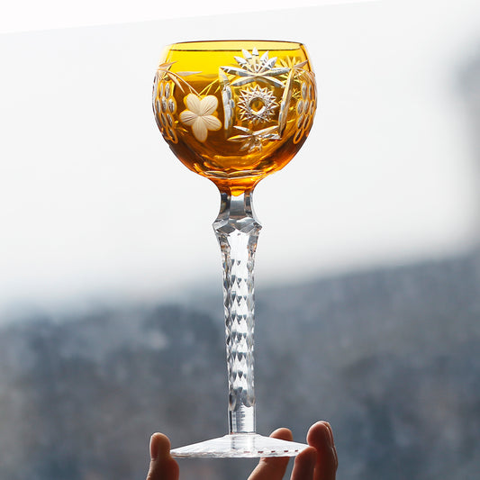 JP-099 8.5oz Handcrafted Bohemia Orange Wine Glass Carved Sunflower and Grapes Deisgn