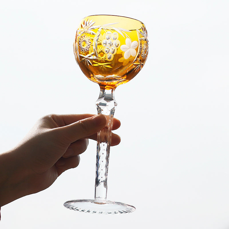 JP-099 8.5oz Handcrafted Bohemia Orange Wine Glass Carved Sunflower and Grapes Deisgn